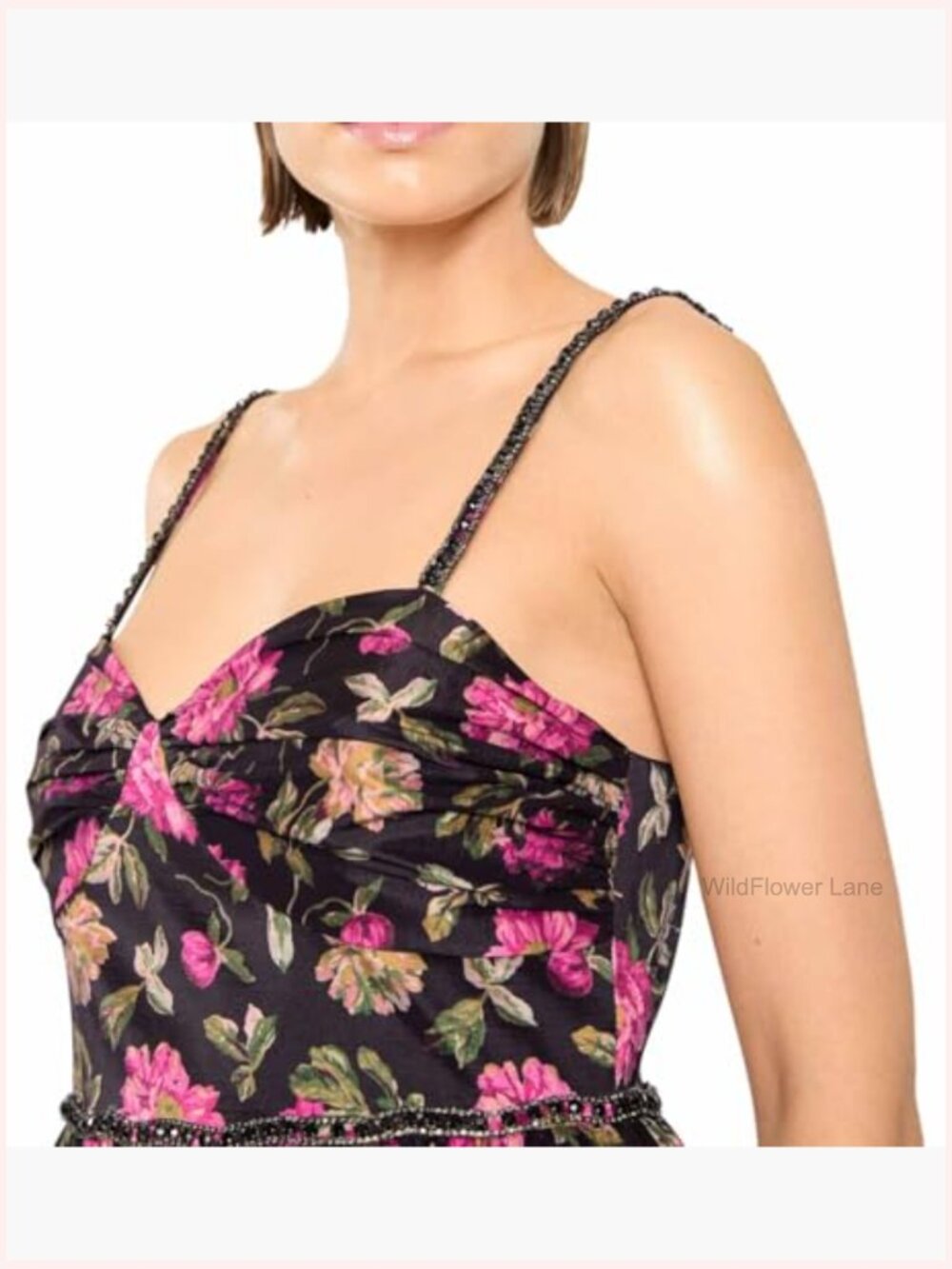 Formal Floral Gown with Embellished Trim - Floor Length - Picture 3 of 3
